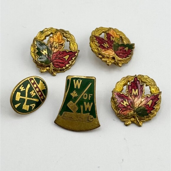 Vintage MWA Modern Woodmen Of America Maple Leaf Screwback  Woodsmen Of America enamel screwback lapel pin lot